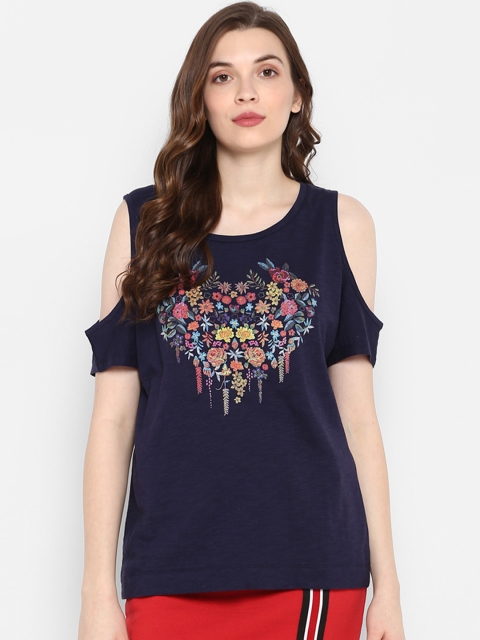 

KVL Women Navy Blue Printed Round Neck T-shirt