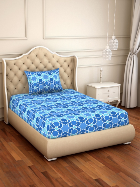 

SPACES Blue Abstract 144 TC Cotton 1 Single Bedsheet with 1 Pillow Covers