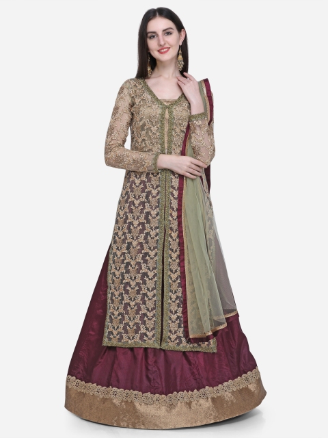 

Stylee LIFESTYLE Gold-Toned & Maroon Net Semi-Stitched Dress Material