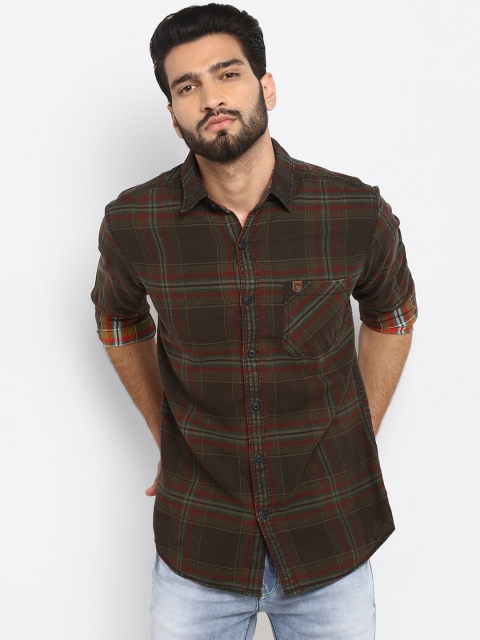 

Mufti Men Olive Green Slim Fit Checked Casual Shirt
