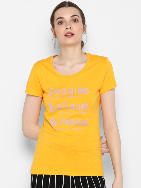 

KVL Women Yellow Printed Round Neck T-shirt