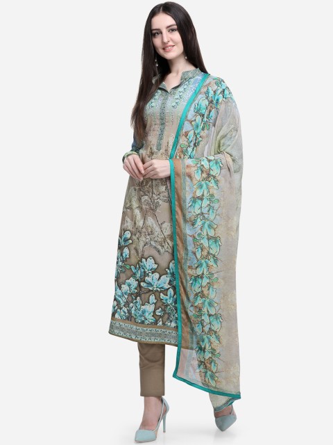 

Stylee LIFESTYLE Turquoise Blue & Khaki Cotton Blend Unstitched Dress Material
