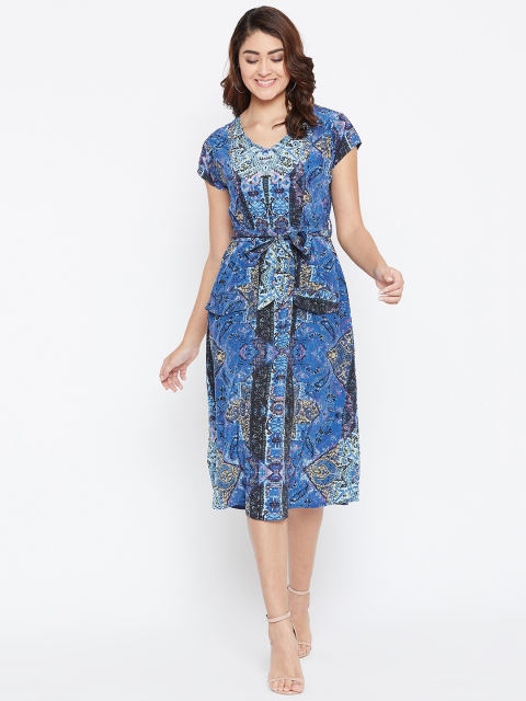

FIZERA Women Blue Printed Fit and Flare Dress