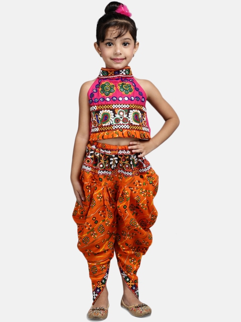 

BownBee Girls Orange & Pink Embellished Top with Dhoti Pants