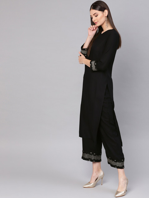 

Indo Era Women Black Embroidered Kurta with Palazzos