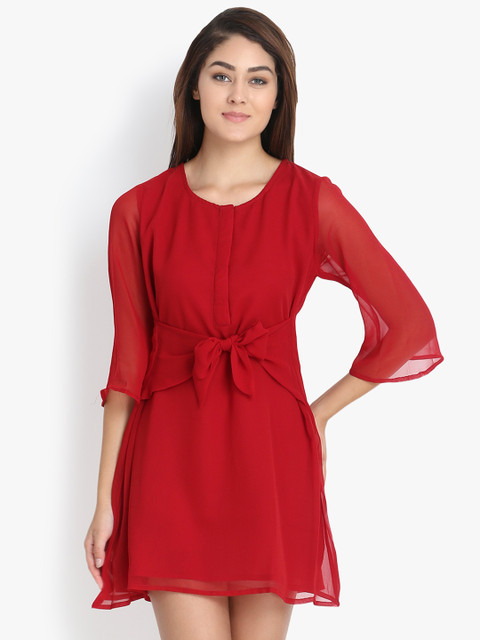 

yelloe Women Solid Red Fit and Flare Dress