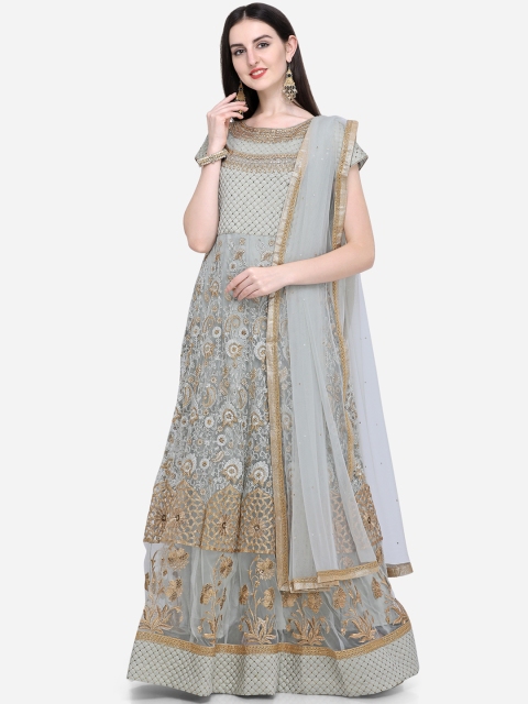 

Stylee LIFESTYLE Grey Net Semi-Stitched Dress Material