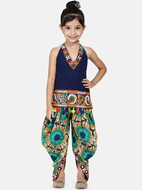 

BownBee Girls Blue & Fluorescent Green Embroidered Top with Dhoti Pants