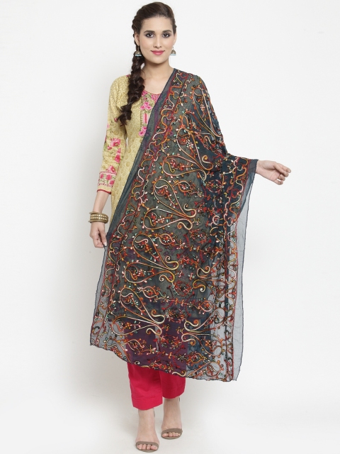

mf Women Teal Blue & Red Nazneen Phulkari Embroidered Dupatta