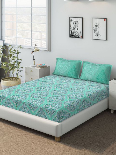

DDecor Sea Green & Blue Ethnic Motifs 140 TC Cotton 1 Queen Bedsheet with 2 Pillow Covers