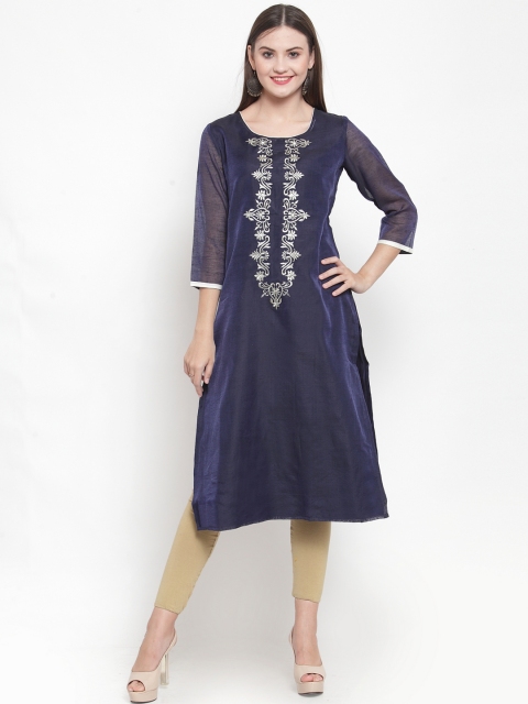 

WESTCLO Women Navy Blue Embroidered Kurta