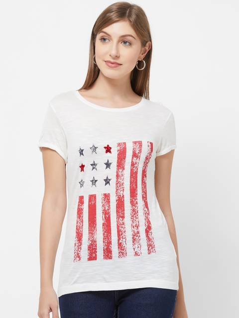 

109F Women White Printed Round Neck T-shirt