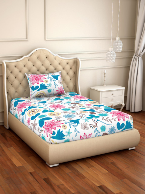 

SPACES White & Blue Floral 144 TC Cotton 1 Single Bedsheet with 1 Pillow Covers