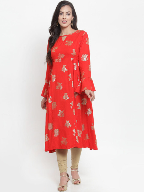 

WESTCLO Women Red & Gold-Coloured Printed Kurta
