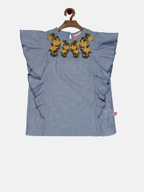 

First Kick Girls Blue Embroidered Pure Cotton Top