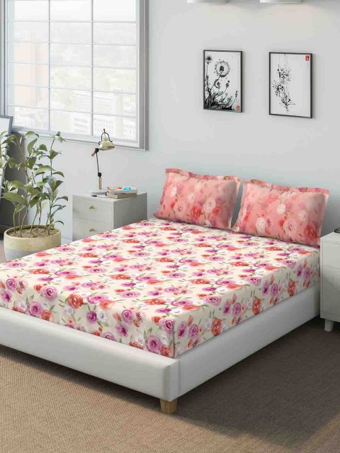 

DDecor Off-White & Red Floral 140 TC Cotton 1 Queen Bedsheet with 2 Pillow Covers
