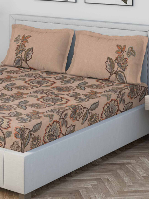 

DDecor Beige Floral 1000 TC Cotton 1 King Bedsheet with 2 Pillow Covers