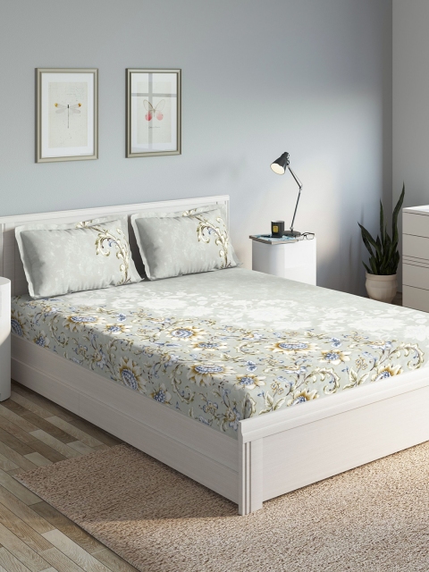 DDecor Grey & Blue Floral 140 TC Cotton 1 Queen Bedsheet with 2 Pillow Covers