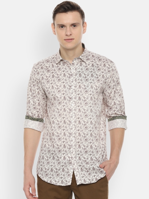 

V Dot Men Cream-Coloured & Maroon Slim Fit Printed Casual Shirt