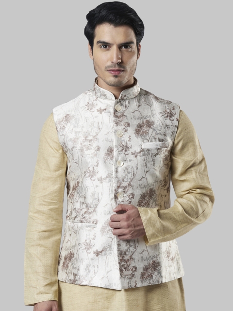 

Ethnix by Raymond Men Off White & Gold-Coloured Printed Nehru Jacket