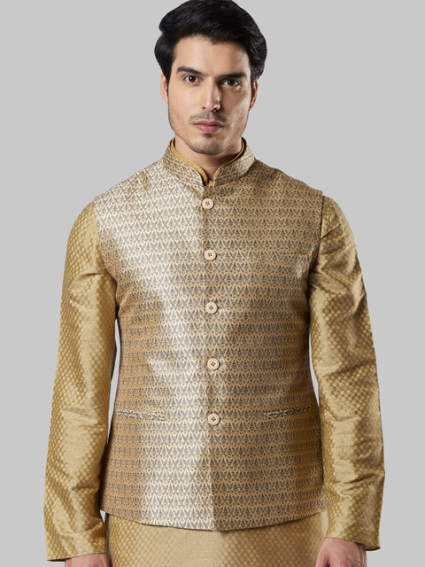 

Ethnix by Raymond Men Gold-Coloured Woven Design Nehru Jacket