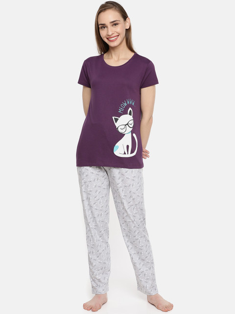 

Ellete Women Purple & Grey Printed Night suit