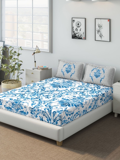 

DDecor White & Blue Ethnic Motifs 140 TC Cotton 1 Queen Bedsheet with 2 Pillow Covers