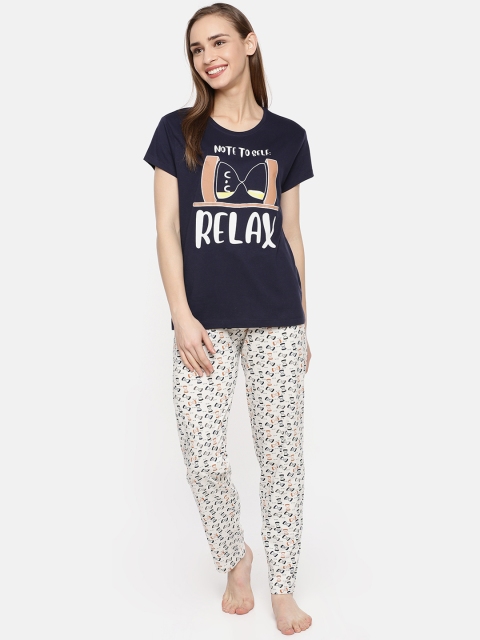 

Ellete Women Navy Blue & Off-White Printed Night suit