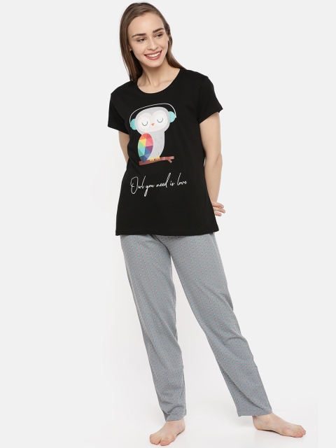 

Ellete Women Black & Grey Printed Night suit