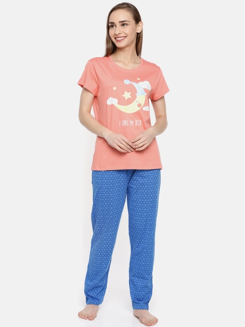 

Ellete Women Coral & Blue Printed Night suit