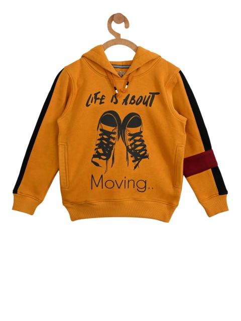 

Stupid Cupid Boys Mustard Yellow Printed Hooded Sweatshirt