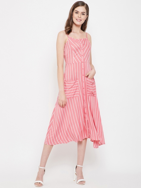 

PANIT Women Pink & White Striped Fit and Flare Dress