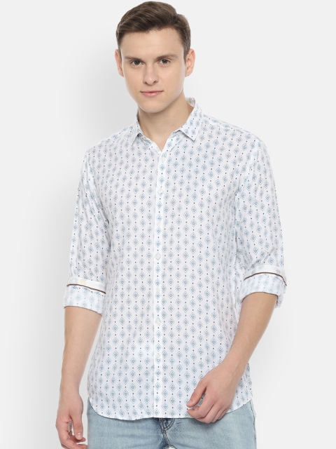 

V Dot Men White & Blue Slim Fit Printed Casual Shirt