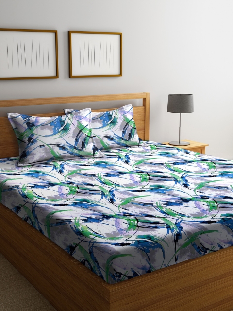 

BOMBAY DYEING Off-White & Green Abstract 144 TC Cotton 1 Queen Bedsheet with 2 Pillow Covers