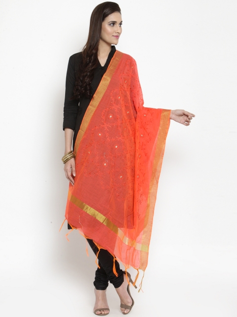

mf Women Orange Embroidered Chanderi Silk Dupatta