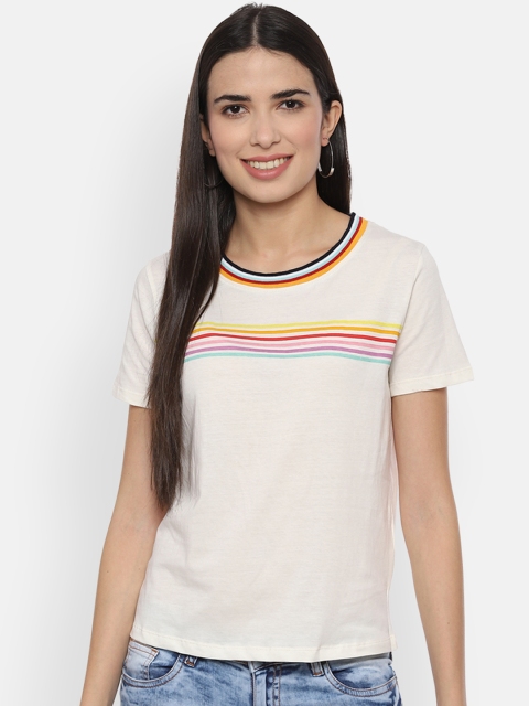 

People Women Cream-Coloured Striped Round Neck T-shirt