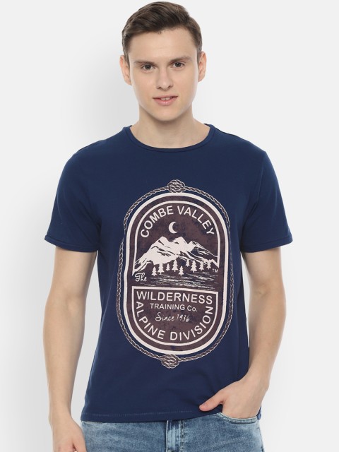 

People Men Navy Blue Printed Round Neck Pure Cotton T-shirt