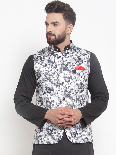

Purple State Men White Printed Nehru Jackets