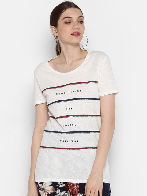 

KVL Women Off-White Printed Round Neck T-shirt