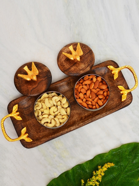 

Archies Unisex Set of 2 Brown Serving Bowl Set with Tray