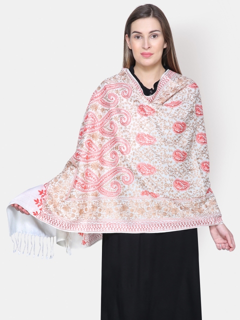 

Anekaant Women White & Beige Embroidered Wool Shawl