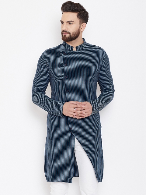 

Hypernation Men Navy Blue & Turquoise Blue Striped Straight Kurta