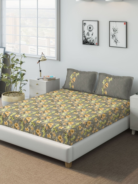 

DDecor Grey & Yellow Floral 140 TC Cotton 1 Queen Bedsheet with 2 Pillow Covers