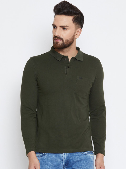 

Okane Men Olive Green Solid Polo Collar T-shirt