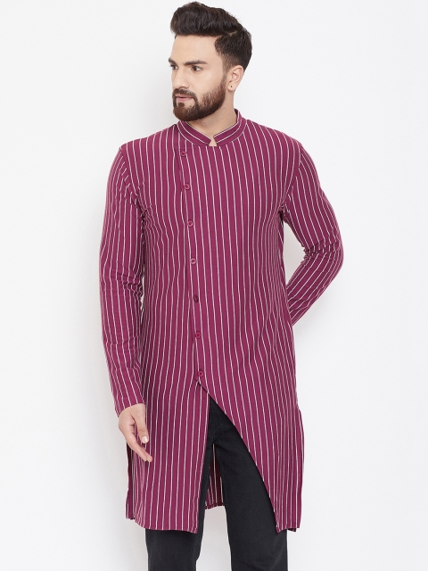 Hypernation Men Purple & White Striped Straight Kurta