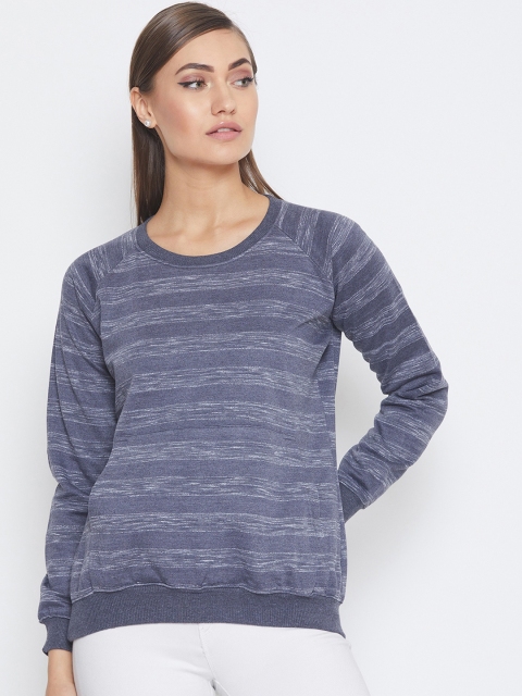 PURYS Women Blue & Grey Striped Sweatshirt
