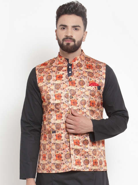 

Purple State Men Beige Printed Nehru Jackets