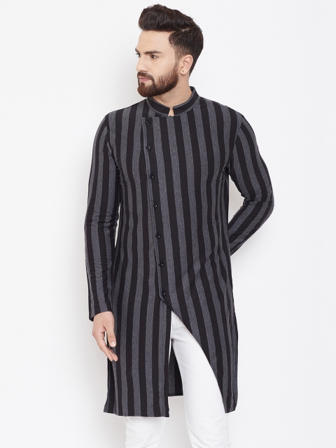 

Hypernation Men Black & Grey Striped Straight Kurta