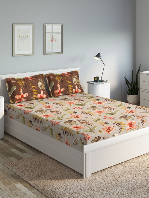 

DDecor Brown & Olive Green Floral 140 TC Cotton 1 Queen Bedsheet with 2 Pillow Covers