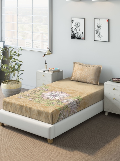 

DDecor Gold-Toned Floral 140 TC Cotton 1 Single Bedsheet with 2 Pillow Covers